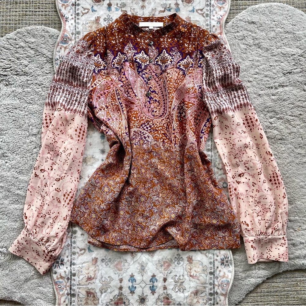 Vanessa Bruno-Boho Paisley Long-Sleeve Blouse in Rust and Blush Silk Mix